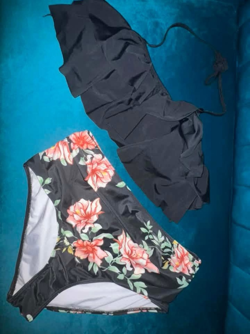 SHEIN Black Ruffle Bandeau Bikini Top with Black Floral High-Waist Bottom
